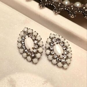 Milk Glass and Rhinestones Silvertone Vintage Clip-Ons.